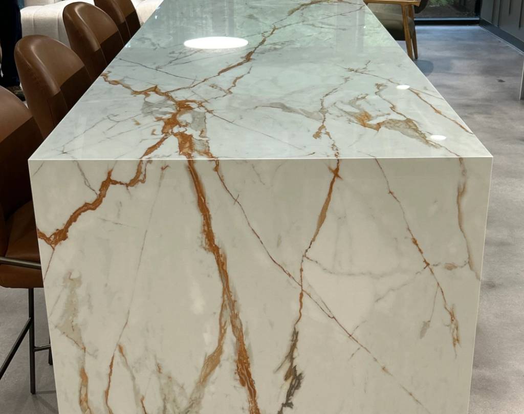 White marble countertop with brown veining