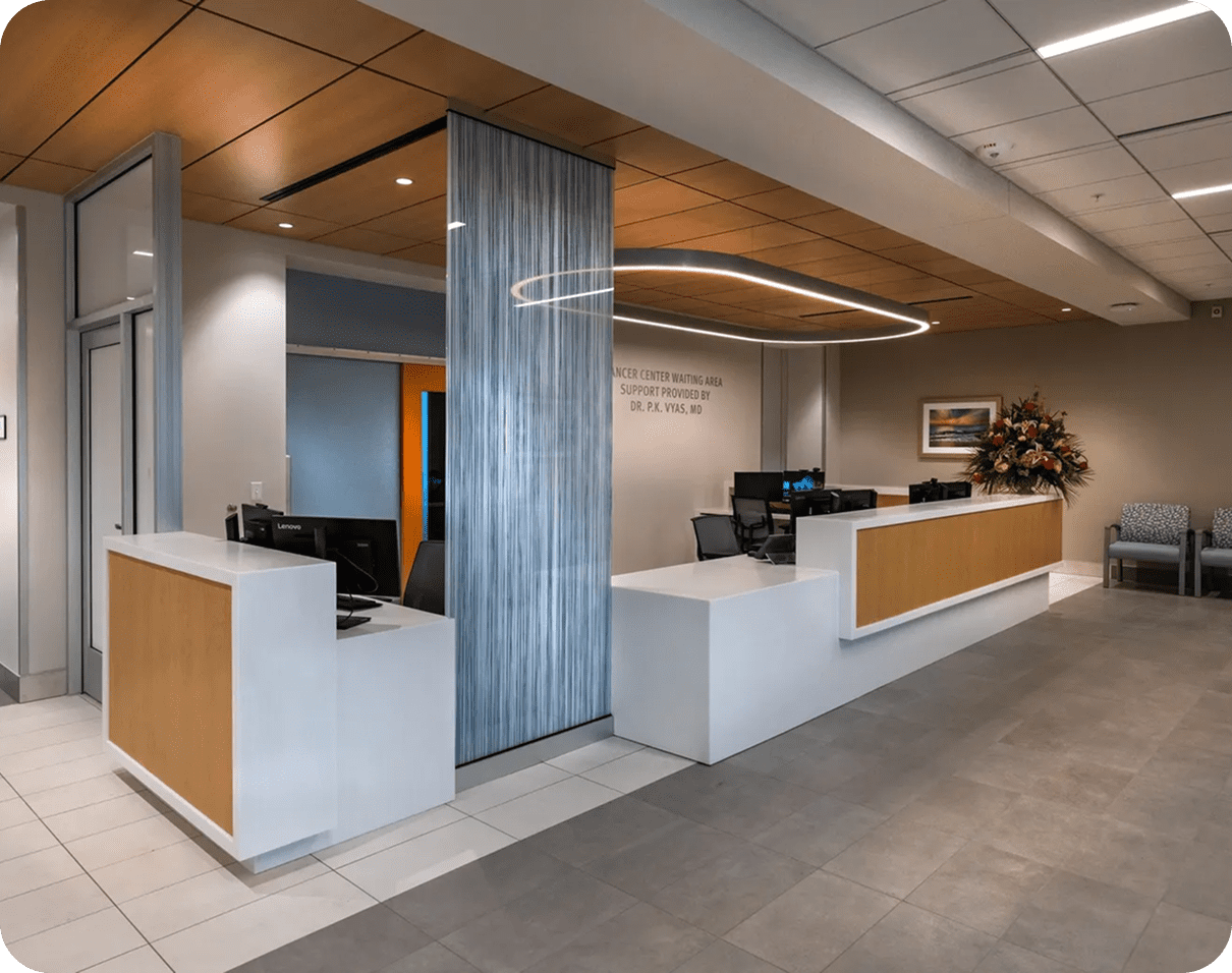 Modern office reception area with sleek design.