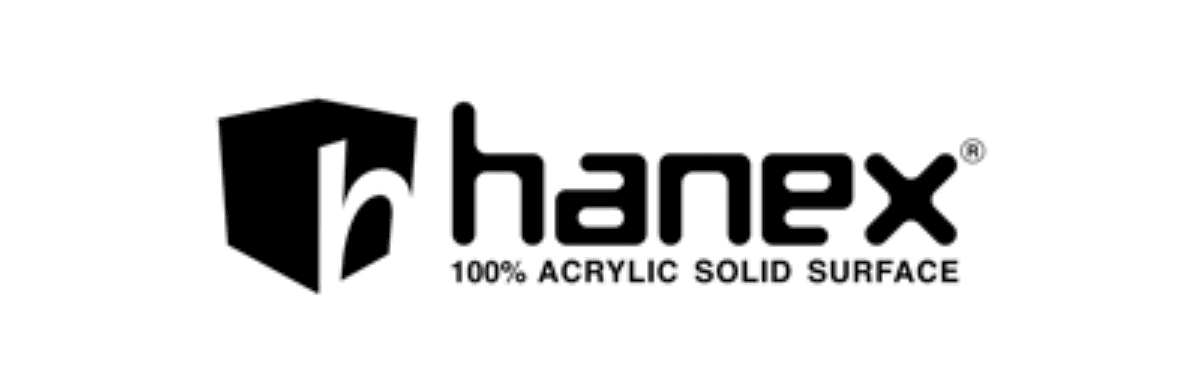 Hanex logo, 100% acrylic solid surface.